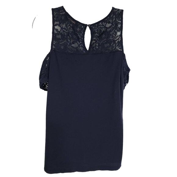 Ann Taylor LOFT Womens Top Size Medium Lace Flounce Cold Shoulder Forever Navy - Picture 2 of 9